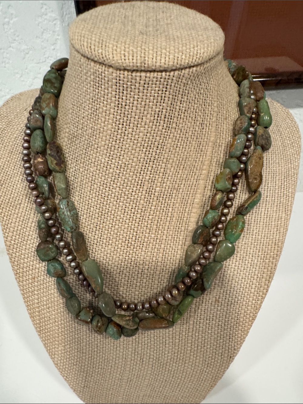 Layered Green Stone and Pearl-Colored Bead Necklace
